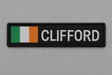 Load image into Gallery viewer, Custom flag name patch, close-up of flag and name embroidery